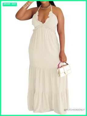Sleeveless Maxi Dress Halter Backless Smocked Tiered Ruffle Flowy Slip